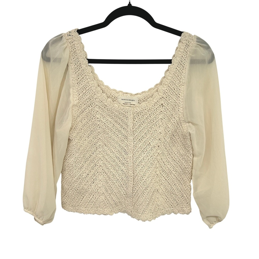 Cottagecore Crochet Mesh Sleeve Top Large‎ Cream Romantic Boho Fairycore